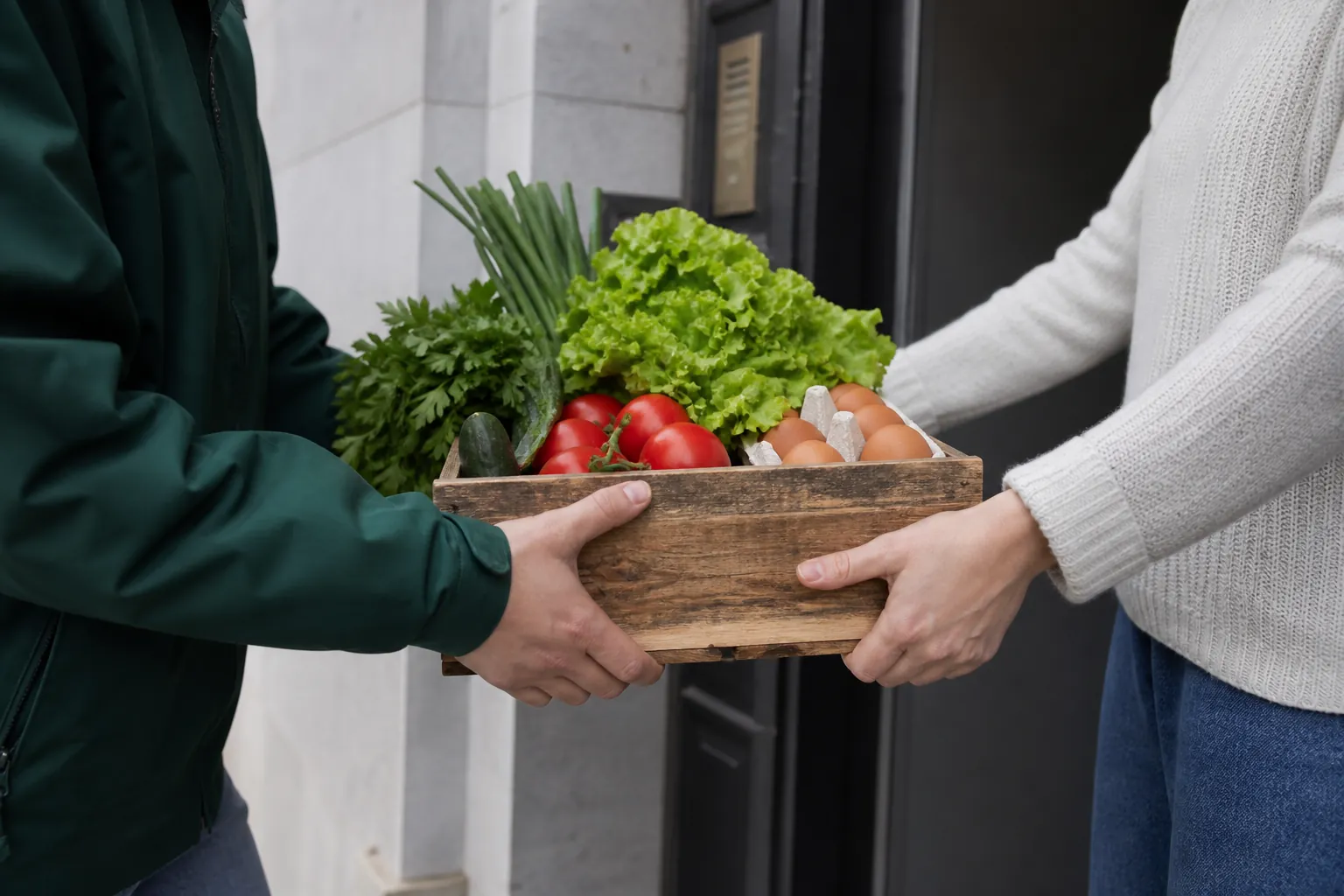 Лична доставка на касетка с пресни зеленчуци и яйца до входа на дом